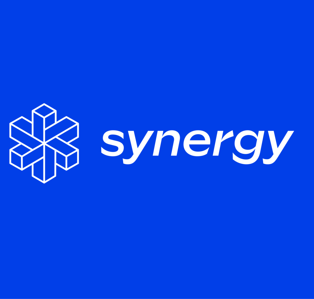 synergy logo on top of blue background