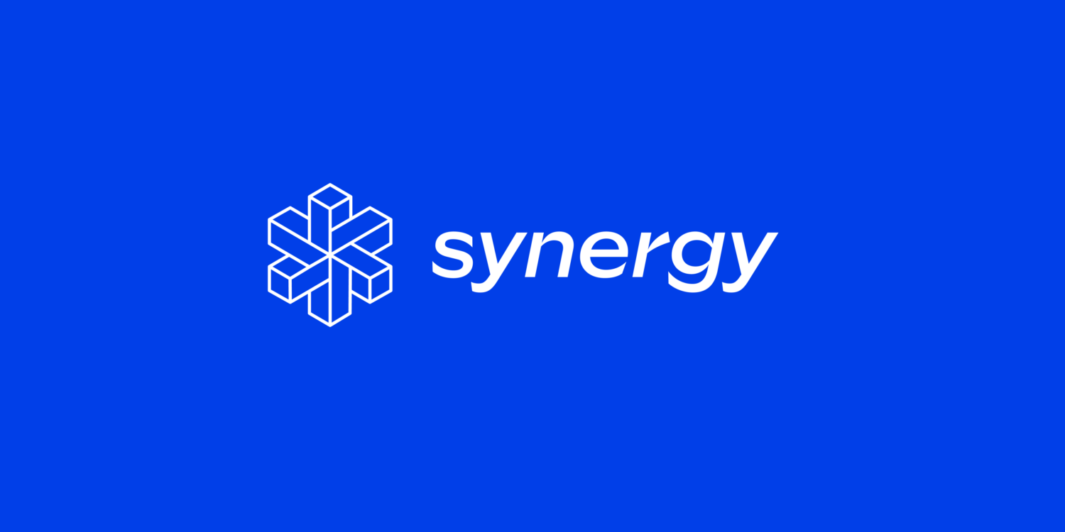 synergy logo on top of blue background